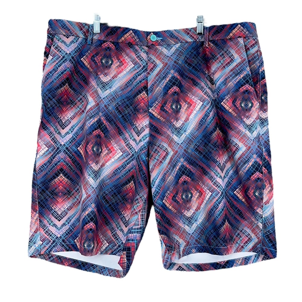 Hreski‎ Men's Geometric Print Golf Shorts Size 46 Polyester Spandex Blue Red